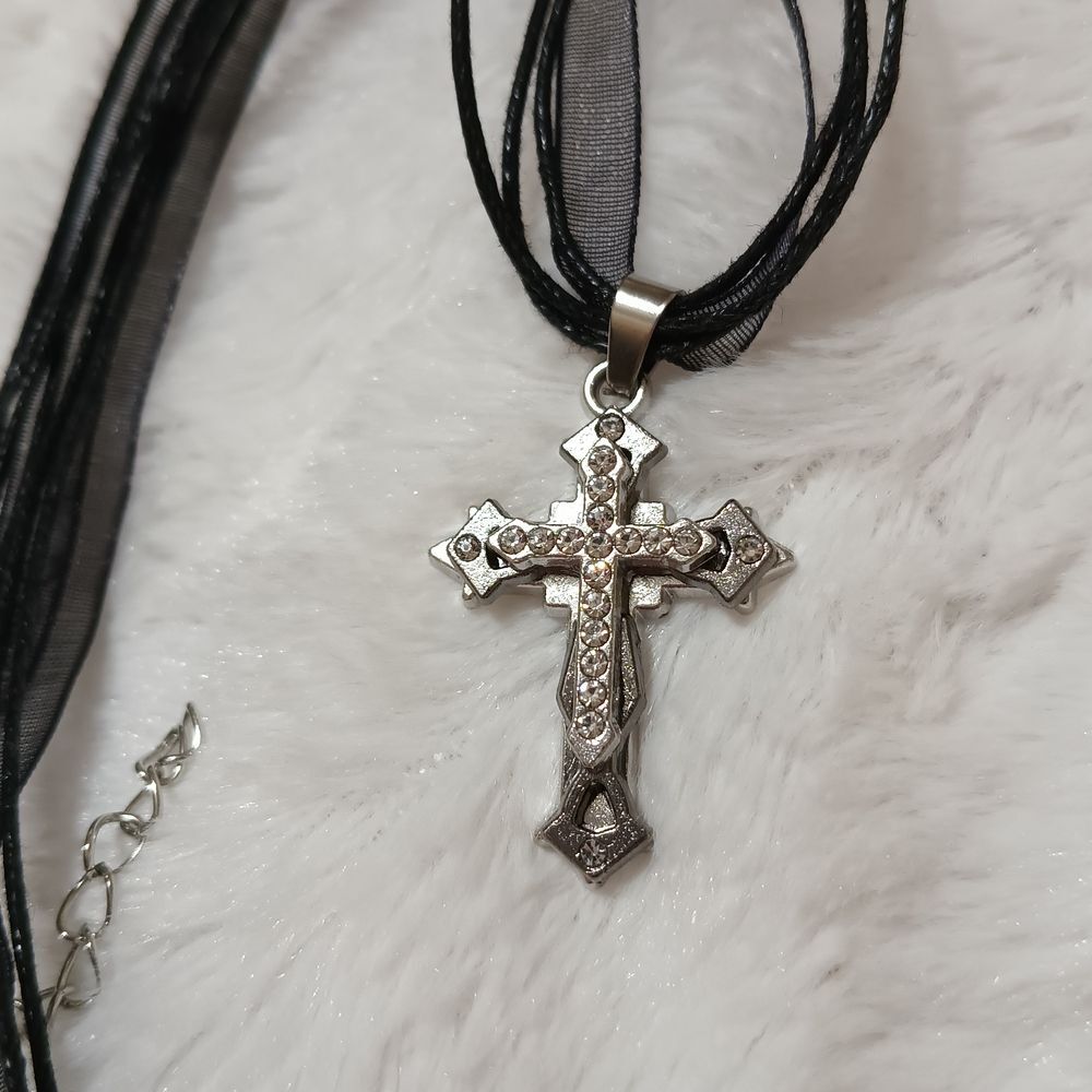 Black Ribbon Silver Rhinestone Cross Necklace - Picture 2 of 6